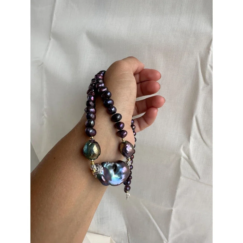 Baroque purple pearl necklace 925 sterling silver bi metal gold and silver jewel
